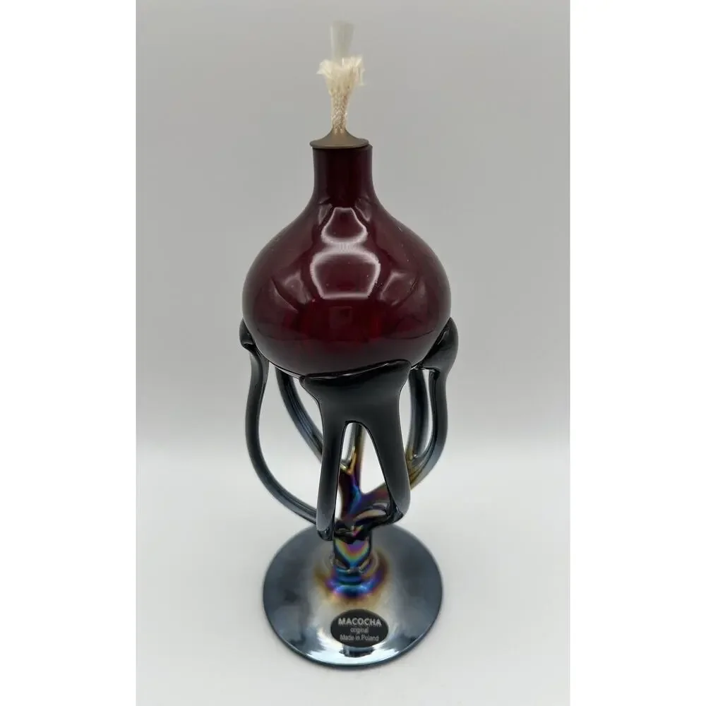 Krosno Macocha Red Art Glass Oil Lamp Diffuser with Iridescent Base 8” Poland